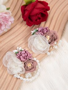 婚禮新娘和新郎三珠胸花手花,手帶花,胸花,伴娘花 - 粉色 - 查看 1