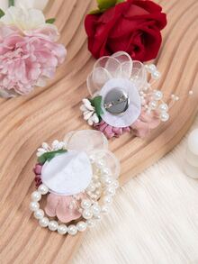 婚禮新娘和新郎三珠胸花手花,手帶花,胸花,伴娘花 - 粉色 - 查看 3