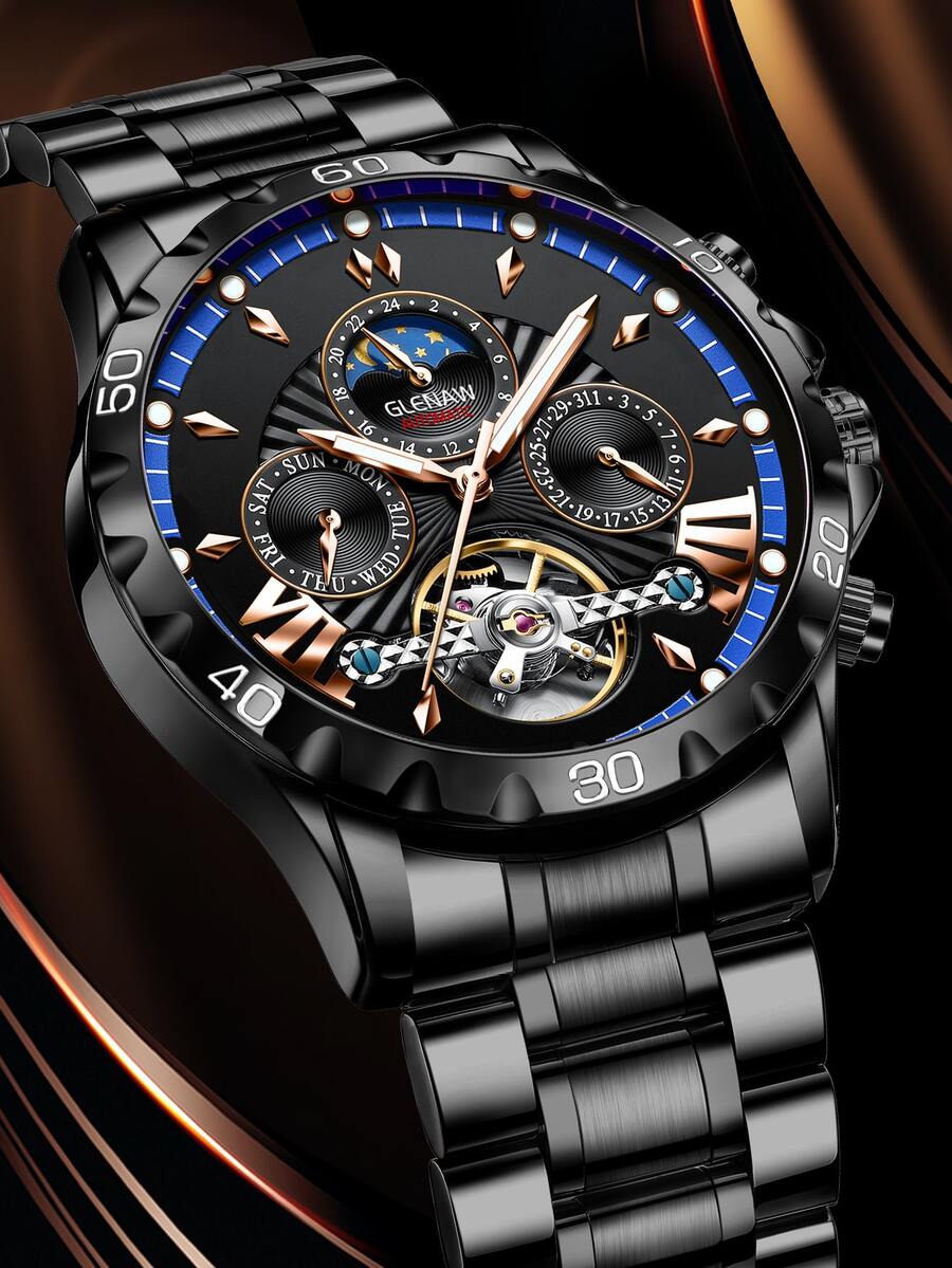 1pc Men's Black Case Black Dial Steel Strap Casual Luminous Watch - Black - View 1