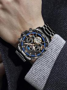 1pc Men's Black Case Black Dial Steel Strap Casual Luminous Watch - Black - View 3