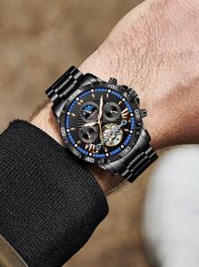 1pc Men's Black Case Black Dial Steel Strap Casual Luminous Watch - Black - View 5