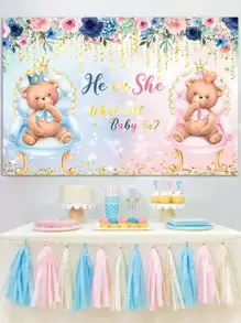 1 件蓝色粉色熊性别揭示乙烯基背景布，横幅完美装饰房间墙壁装饰用品，户外围栏装饰 - 彩色 - 查看 1