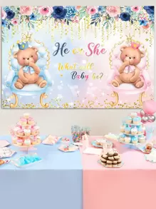 1 件蓝色粉色熊性别揭示乙烯基背景布，横幅完美装饰房间墙壁装饰用品，户外围栏装饰 - 彩色 - 查看 3