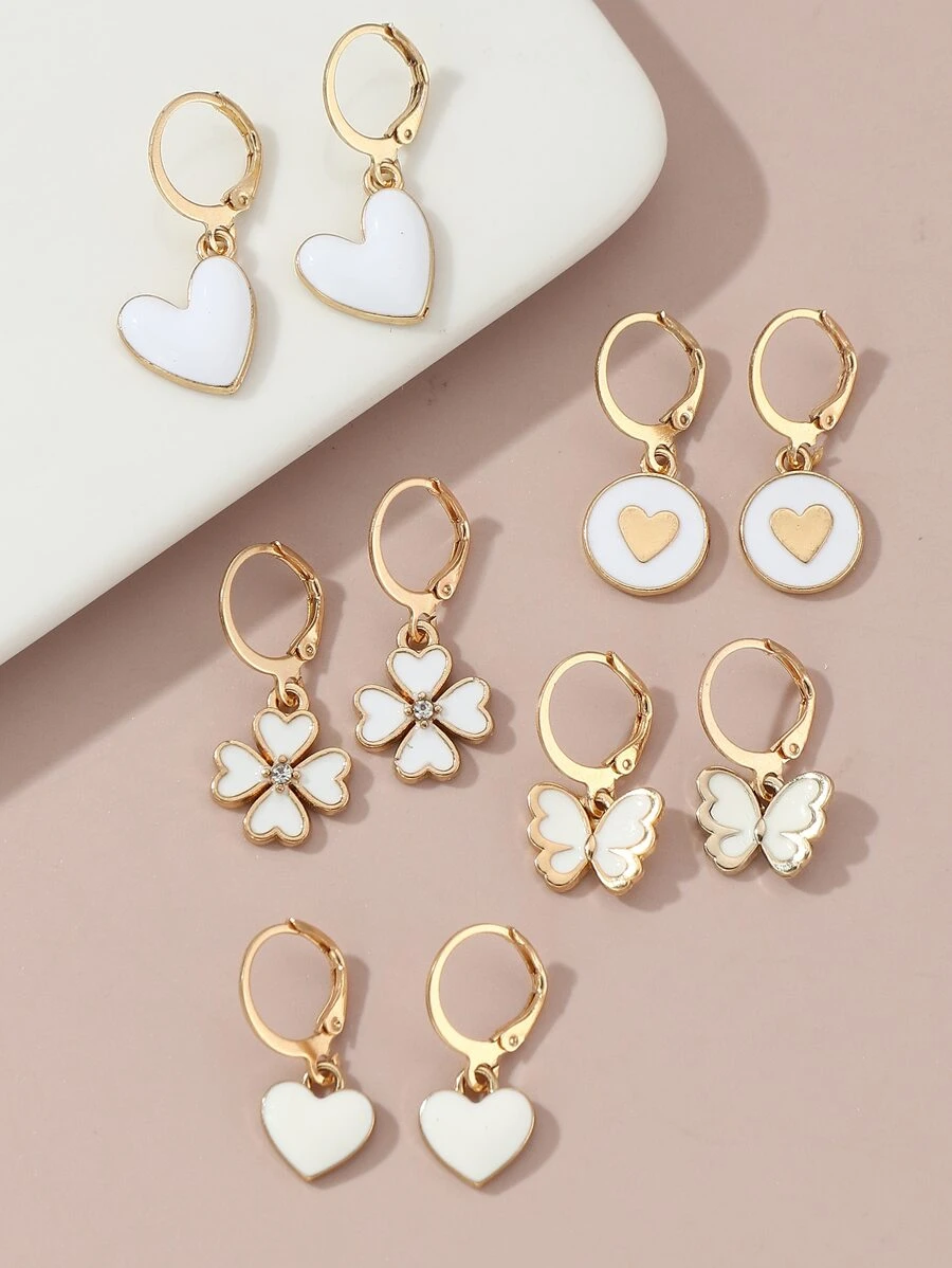 10pcs Girls' Butterfly & Heart Shaped Earrings - White - View 1
