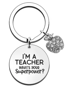 1入組女士標語圖案水鑽蘋果和圓形吊飾時尚鑰匙圈適用於教師節禮品 - 彩色 - 查看 1