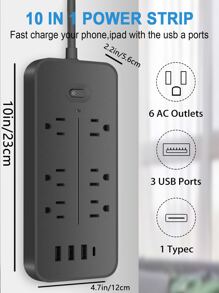 Surge Protector, Power Strip Surge Protector With 6 AC Outlets & 3 USB Charging Ports+(1 USB C), 3.9