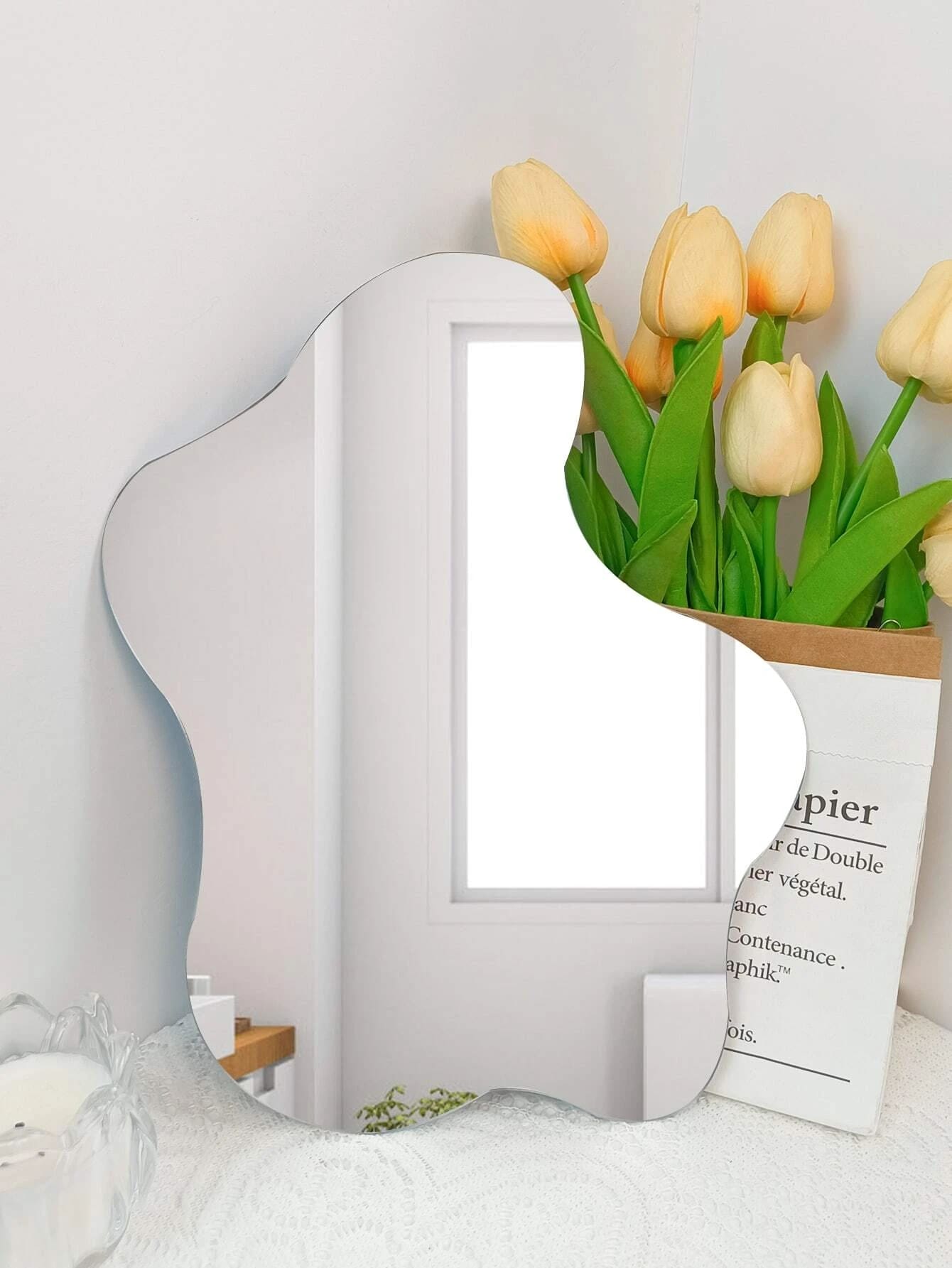 1 件不对称形状镜子，粘贴式装饰镜，适用于客厅、卫生间或卧室墙壁 - 銀色 - 查看 1