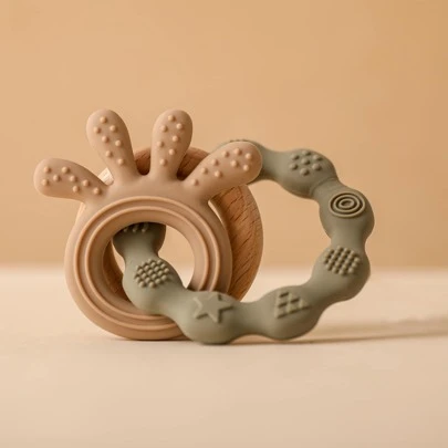1 件木制出牙环，柔软硅胶婴儿出牙胶，舒缓和缓解出牙期间的牙龈不适