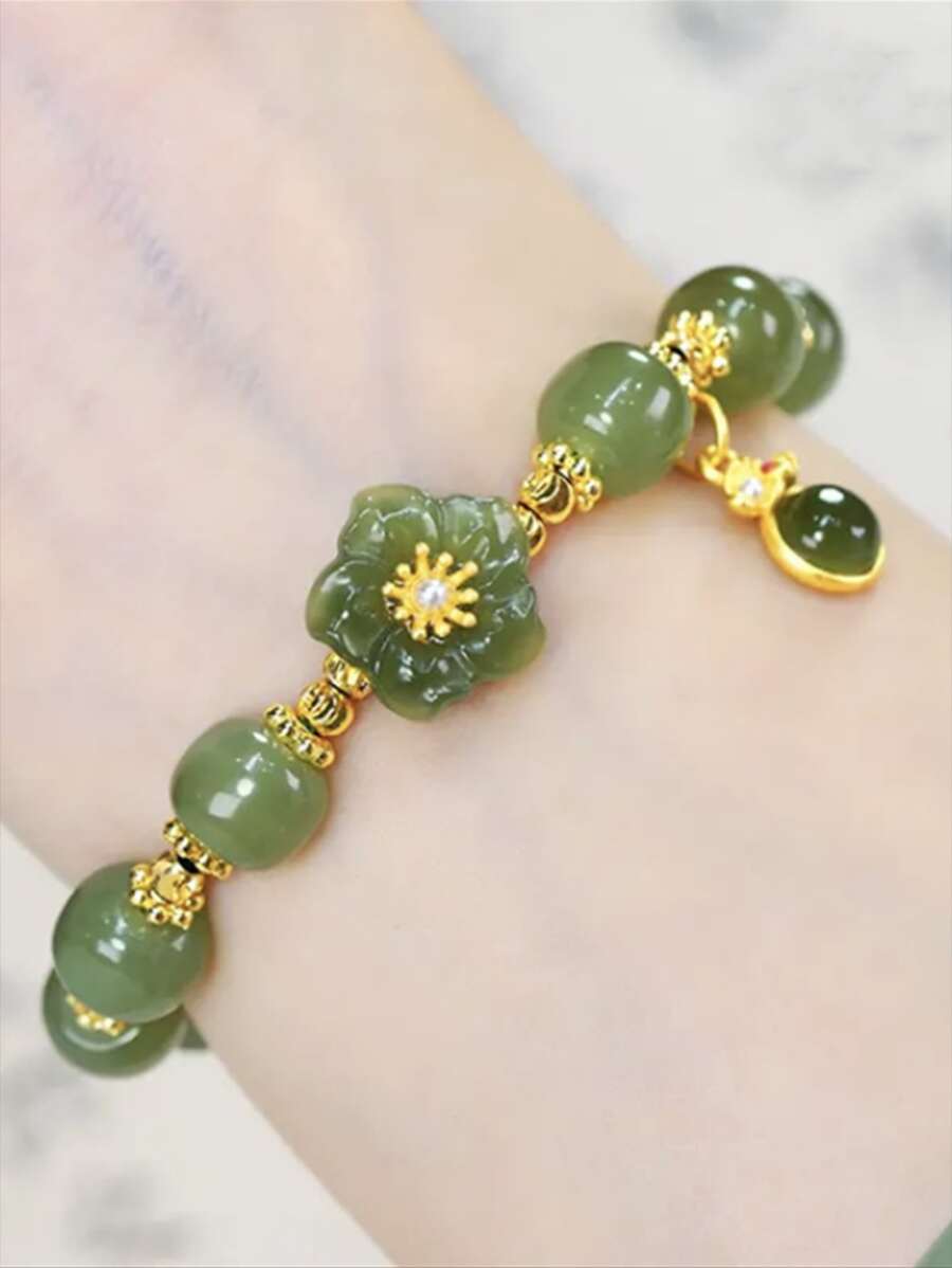1pc Exquisite Floral Faux Jade Beaded Bracelet With Small Pendant - Green - View 1