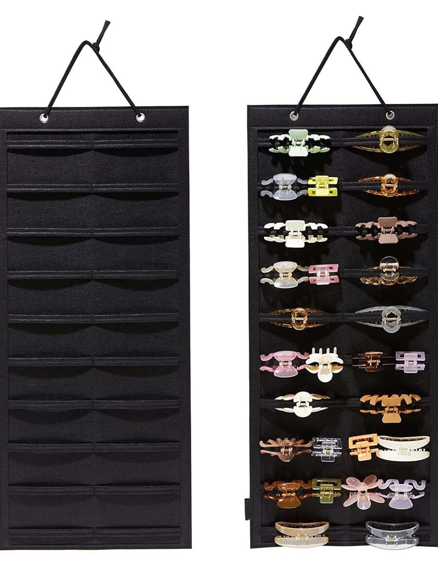 黑色髮夾收納懸掛包,懸掛髮夾收納盒,爪夾收納盒,衣櫃收納袋,壁掛式收納袋 - 黑色 - 查看 1