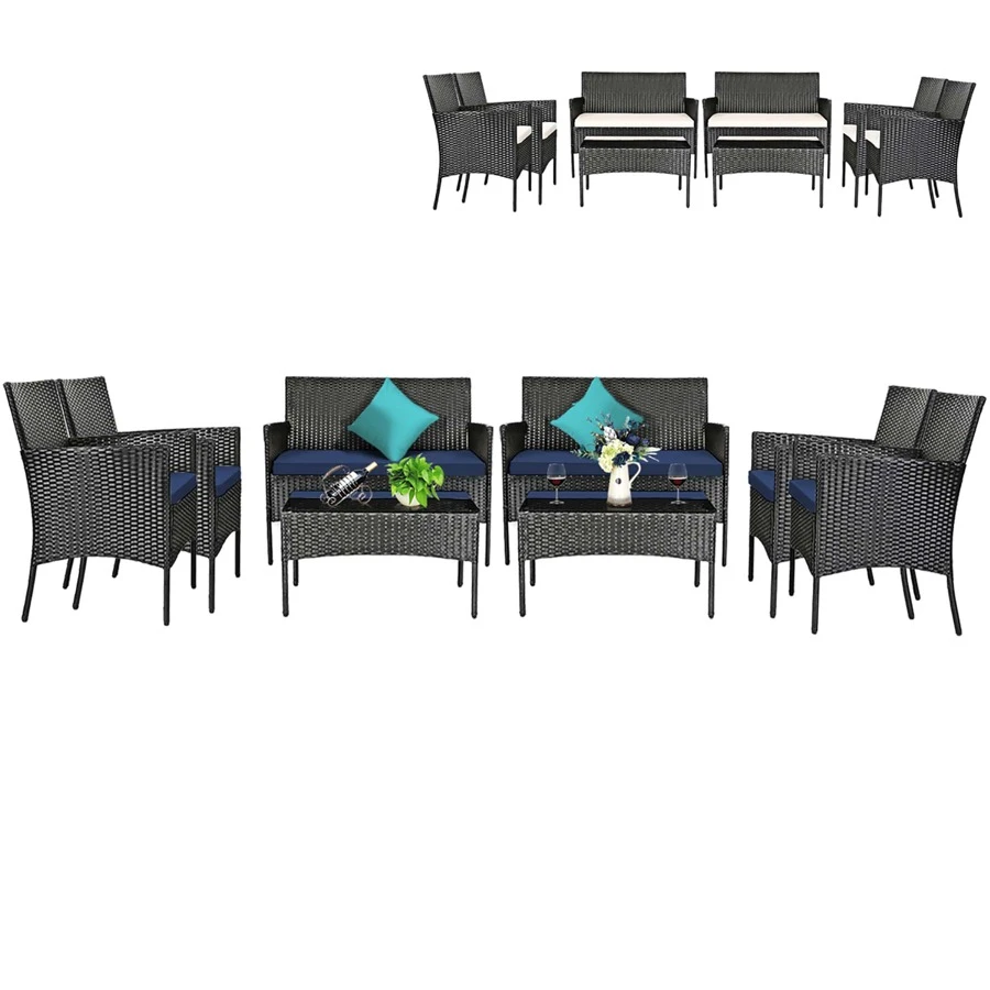Costway 8PCS Patio Wicker Furniture Set Coffee Table Cushions w/ Cover - 藍白色 - 查看 1