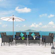 Costway 8PCS Patio Wicker Furniture Set Coffee Table Cushions w/ Cover - 藍白色 - 查看 2
