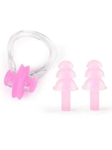 5pcs Solid Swimming Cap & Swimming Goggles & Nose Clip & Earplug & Storage Bag, Beach Essentials, Beach Accessories, Pool Float - Baby Pink - View 3