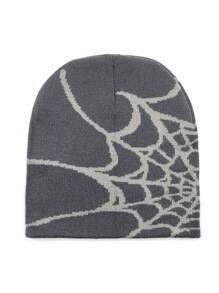 1pc Women's Fashionable Knitted Streetwear Y2K Beanie Hat, Autumn Winter Double Layer Spider Web Jacquard Pattern Halloween Elements Casual Brimless Hat