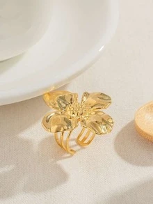 1入組時尚金屬質感派對圓環帶誇張3D花花瓣設計適合女士,金色顏色 - 金色 - 查看 4