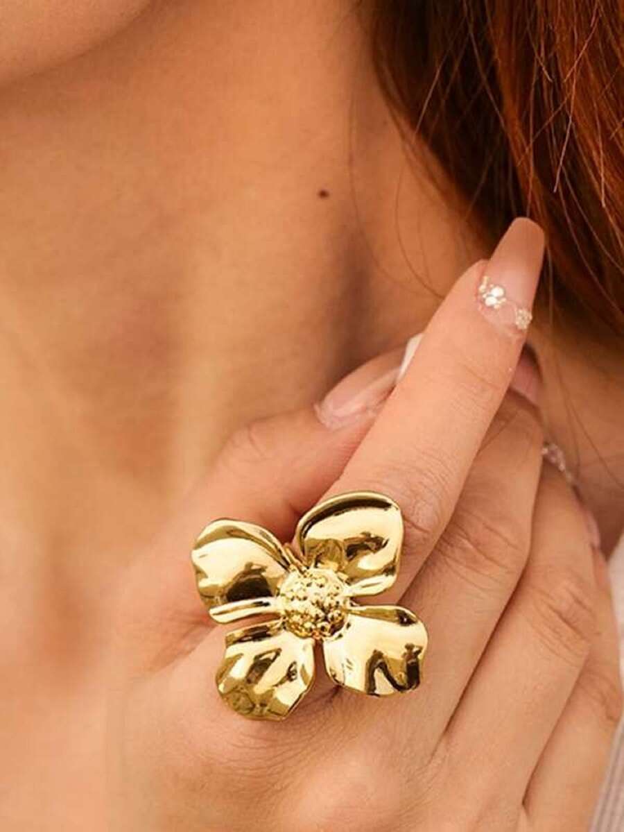 1入組時尚金屬質感派對圓環帶誇張3D花花瓣設計適合女士,金色顏色 - 金色 - 查看 1