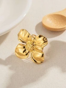 1入組時尚金屬質感派對圓環帶誇張3D花花瓣設計適合女士,金色顏色 - 金色 - 查看 5
