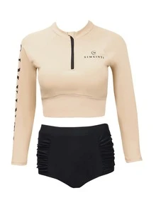 Two-Piece Sports Swimwear For Women, Long Sleeve, Sun Protection, Student Style - Apricot - View 4