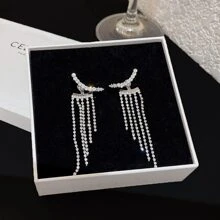 1pair Exquisite & Luxurious & Fashionable Long Tassel & Rhinestone Decor Charm Earrings For Women - Silver - View 4