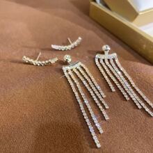 1pair Exquisite & Luxurious & Fashionable Long Tassel & Rhinestone Decor Charm Earrings For Women - Silver - View 3