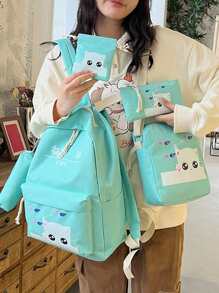 5pcs Cute Cat Design College Style Backpack And Crossbody Bag Set, Random Style, With Pen Case - Green - View 2