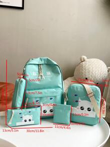 5pcs Cute Cat Design College Style Backpack And Crossbody Bag Set, Random Style, With Pen Case - Green - View 7