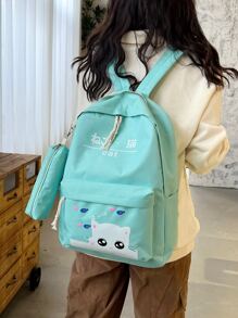 5pcs Cute Cat Design College Style Backpack And Crossbody Bag Set, Random Style, With Pen Case - Green - View 6
