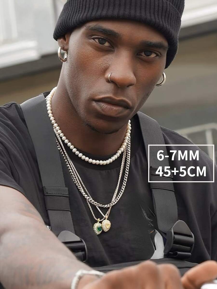 1 件仿珍珠 6-7 毫米串珠项链，配 S925 银扣，时尚摇滚风格，简约设计，可分层搭配，适合音乐节、日常穿着、派对。有不同长度供男士和女士选择。
