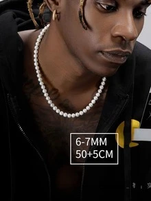 1 件仿珍珠 6-7 毫米串珠项链，配 S925 银扣，时尚摇滚风格，简约设计，可分层搭配，适合音乐节、日常穿着、派对。有不同长度供男士和女士选择。