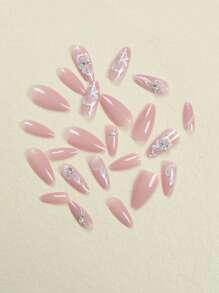 升級您的造型24入組長尖頭指甲白色花朵線條3D帶水鑽和閃光粉全覆蓋美甲假指甲套裝適合日常佩戴派對和舞會 - 彩色 - 查看 3