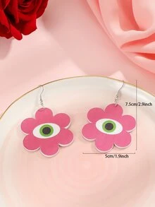 Rose Red Six Petal Flower & Eye Design Drop Earrings - Multicolor - View 3
