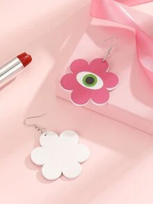 Rose Red Six Petal Flower & Eye Design Drop Earrings - Multicolor - View 2
