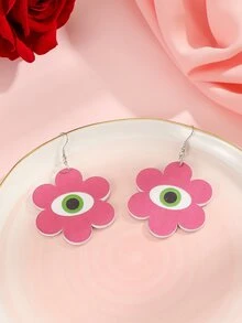 Rose Red Six Petal Flower & Eye Design Drop Earrings - Multicolor - View 4
