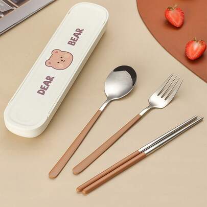 Set de 4 piezas cubiertos portátiles (cuchara, tenedor, palillos) de acero inoxidable con diseño de dibujos animados, conjunto para lonchera, regalo de Navidad