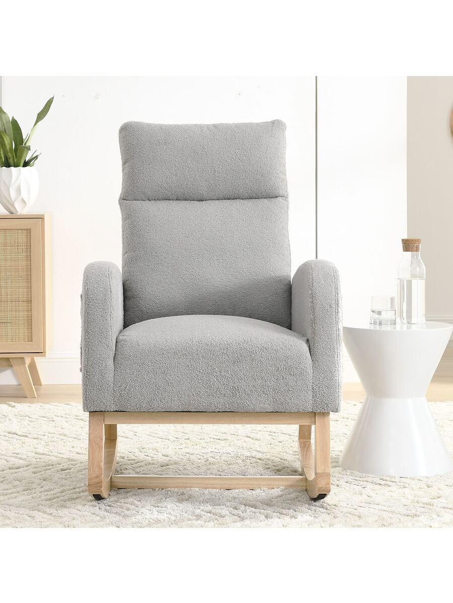 Rocking Chair Modern Accent Chair, Teddy Glider Rocker with High Backrest Side Pocket & Rubber Wood Legs, Rocking Accent Armchair for Living Room-Grey - Xám - Xem 1