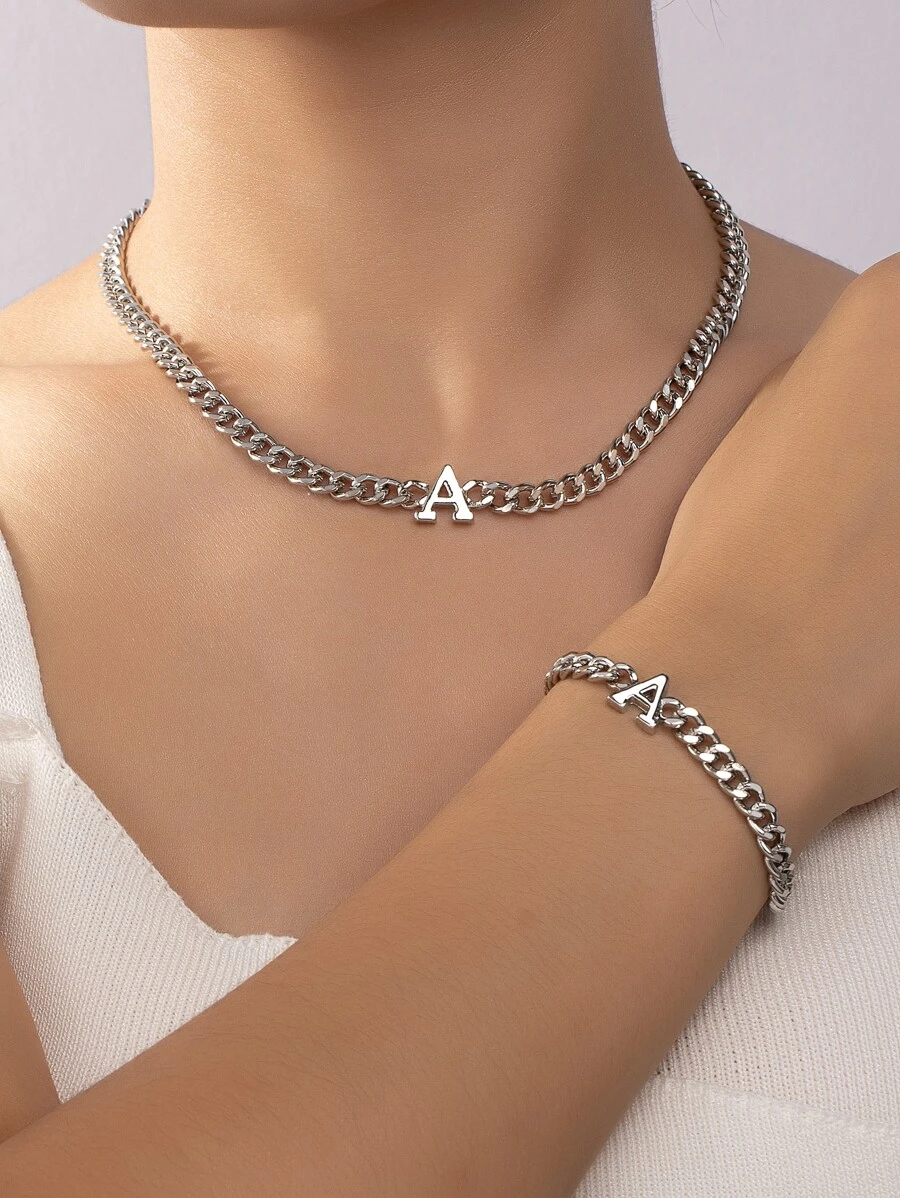 1入組金屬個性粗鏈條字母項鍊和手鐲套裝適合女士 - 銀色 - 查看 1