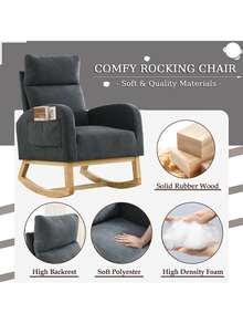 Rocking Chair Modern Accent Chair, Teddy Glider Rocker with High Backrest Side Pocket & Rubber Wood Legs, Rocking Accent Armchair for Living Room - 深灰色 - 查看 5