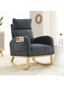 Rocking Chair Modern Accent Chair, Teddy Glider Rocker with High Backrest Side Pocket & Rubber Wood Legs, Rocking Accent Armchair for Living Room - 深灰色 - 查看 2