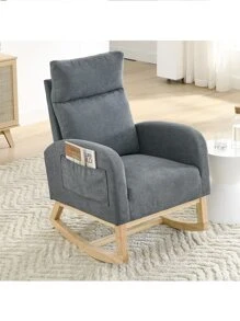 Rocking Chair Modern Accent Chair, Teddy Glider Rocker with High Backrest Side Pocket & Rubber Wood Legs, Rocking Accent Armchair for Living Room - 深灰色 - 查看 1