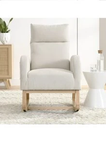 Rocking Chair Modern Accent Chair, Teddy Glider Rocker with High Backrest Side Pocket & Rubber Wood Legs, Rocking Accent Armchair for Living Room - 米色 - 查看 3