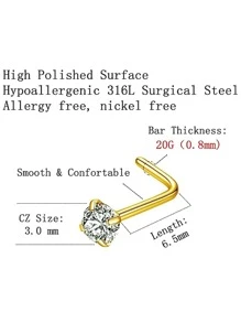 6 piezas/set de acero inoxidable Tachuelas de nariz elegante con diseño de diamante de imitación Perno nariz para mujeres & Hombres 20G en forma de L Piercing de naríz Bisutería 3MM
