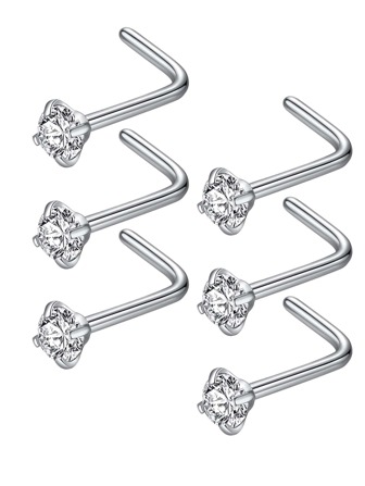 6pcs/set Stainless Steel Nose Studs Stylish Rhinestone Decor Nose Stud For Women & Men 20G L-shaped Nose Piercing Jewelry 3MM