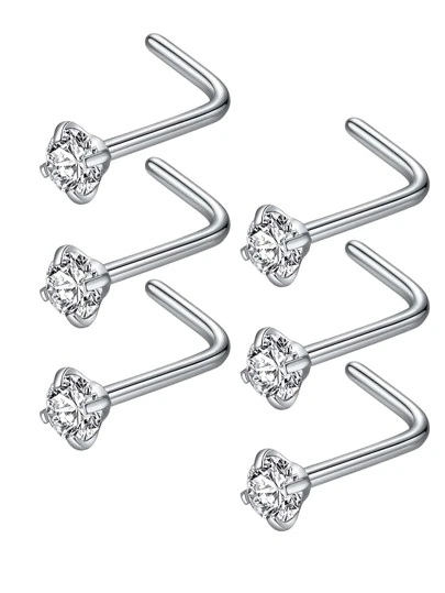 6pcs/set Stainless Steel Nose Studs Stylish Rhinestone Decor Nose Stud For Women & Men 20G L-shaped Nose Piercing Jewelry 3MM