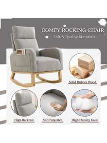 Rocking Chair Modern Accent Chair, Teddy Glider Rocker with High Backrest Side Pocket & Rubber Wood Legs, Rocking Accent Armchair for Living Room - Grey - View 5