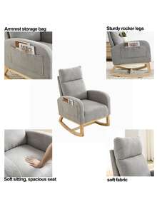 Rocking Chair Modern Accent Chair, Teddy Glider Rocker with High Backrest Side Pocket & Rubber Wood Legs, Rocking Accent Armchair for Living Room - Grey - View 8