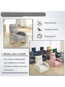 Rocking Chair Modern Accent Chair, Teddy Glider Rocker with High Backrest Side Pocket & Rubber Wood Legs, Rocking Accent Armchair for Living Room - Grey - View 6