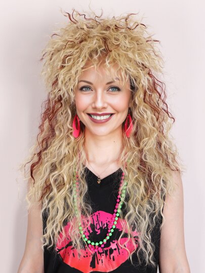 Long Curly Blonde with Redish Brown 80s Rocker Style Wig for Women