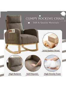 Rocking Chair Modern Accent Chair, Teddy Glider Rocker with High Backrest Side Pocket & Rubber Wood Legs, Rocking Accent Armchair for Living Room - 咖啡棕 - 查看 5