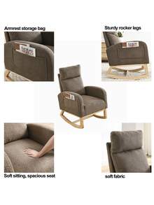 Rocking Chair Modern Accent Chair, Teddy Glider Rocker with High Backrest Side Pocket & Rubber Wood Legs, Rocking Accent Armchair for Living Room - 咖啡棕 - 查看 8