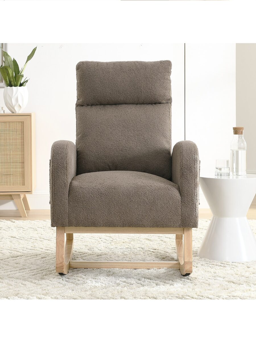 Rocking Chair Modern Accent Chair, Teddy Glider Rocker with High Backrest Side Pocket & Rubber Wood Legs, Rocking Accent Armchair for Living Room - 咖啡棕 - 查看 1